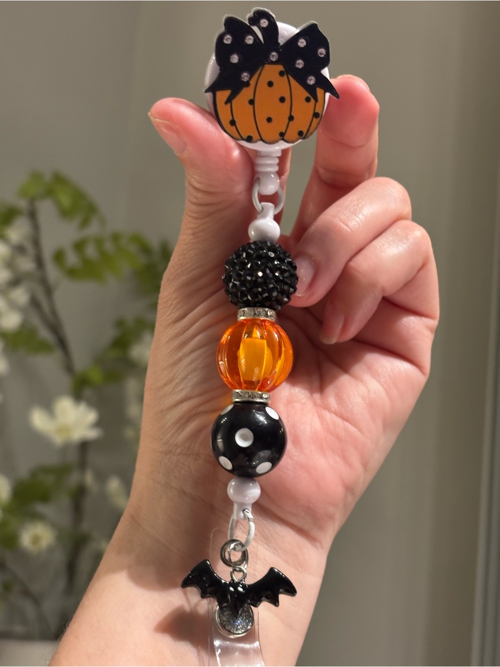 Handmade Halloween Pumpkin Bow Beaded Badge Reel with Bat Charm
